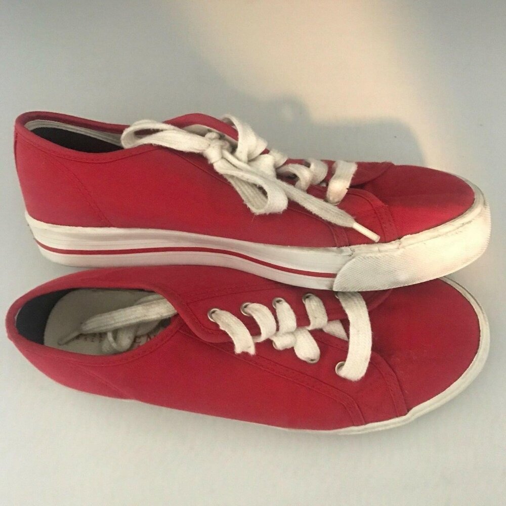 Lauren Ralph Womens Red Canvas Lace-Up Sneakers Tennis Shoe Size 9
